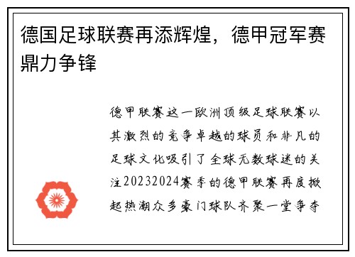 德国足球联赛再添辉煌，德甲冠军赛鼎力争锋