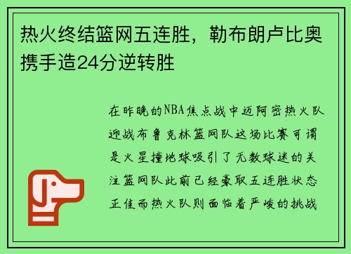 热火终结篮网五连胜，勒布朗卢比奥携手造24分逆转胜