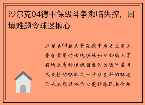 沙尔克04德甲保级斗争濒临失控，困境难题令球迷揪心