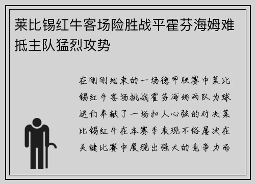 莱比锡红牛客场险胜战平霍芬海姆难抵主队猛烈攻势